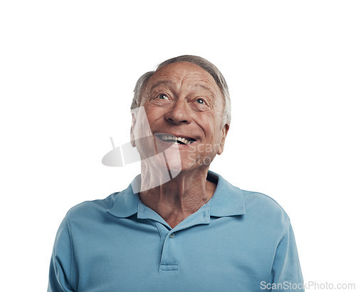 Image of Happy, excited and face of senior man with smile on isolated, png and transparent background. Happiness, thinking and elderly male person with wow expression, positive attitude and ideas for promo