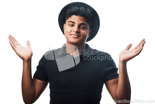 Image of Choice, portrait and happy man with open hands, transparent or positive mindset. Casual style, smile and cool indian person with hand gesture for shrug or unsure emoji isolated on png background