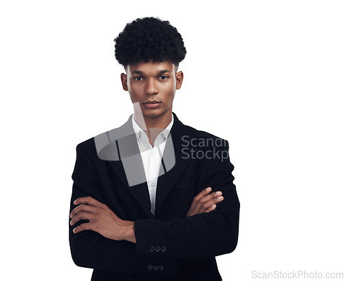 Image of Fashion, crossed arms and portrait of a man with confidence in a formal, elegant and stylish suit. Serious, cool and face of a male model with classy style isolated by a transparent png background.