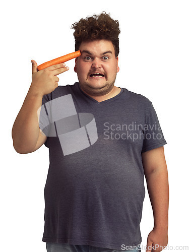 Image of Carrot gun, plus size and man in portrait isolated on a transparent png background. Vegetables, weapon and angry person upset for diet, nutrition and vitamins, food and health, wellness and funny.