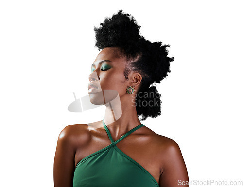 Image of Makeup, black woman isolated and pose against a transparent png background. Self love or beauty cosmetics, trendy or thinking and young African female person posing for cool vintage fashion style