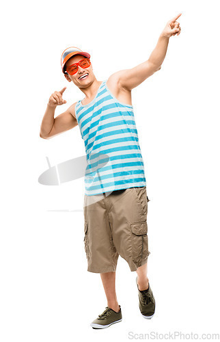 Image of Pointing fun, man and happy with party clothing and smile with silly glasses. Young male person, show off and isolated on transparent, png background with casual cool fashion and trendy style