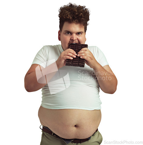 Image of Plus size, portrait of a man eating a chocolate and isolated against a transparent png background. Mental health or stress, addiction or hungry and male person eat candy bar for greedy unhealthy diet