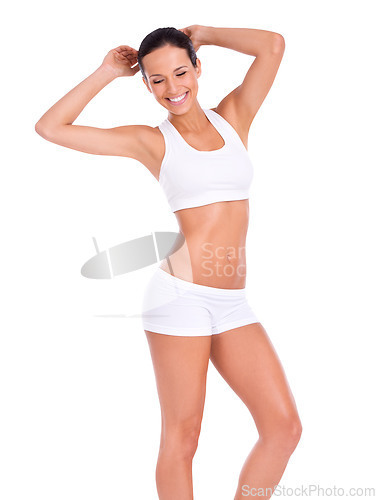 Image of Fitness body, smile and confidence, woman with health and wellness isolated on transparent png background. Sports, happy and confident girl at gym, weight loss and motivation for muscle care exercise