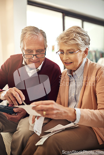 Image of Senior couple, finance and bills in budget check for expenses, receipts or calculating costs at home. Elderly man and woman in financial discussion, accounting or investment plan, payment or savings