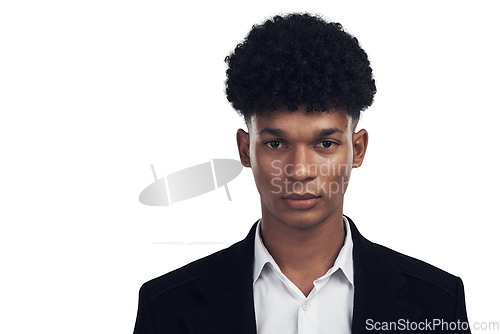 Image of Fashion, serious and portrait of a young man with a formal, elegant and stylish suit outfit. Trendy, cool and face of a handsome male model with classy style isolated by a transparent png background.