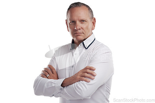 Image of Serious, crossed arms and portrait of a senior businessman with confidence for leadership and pride. Professional senior male corporate lawyer from Australia isolated by a transparent png background.