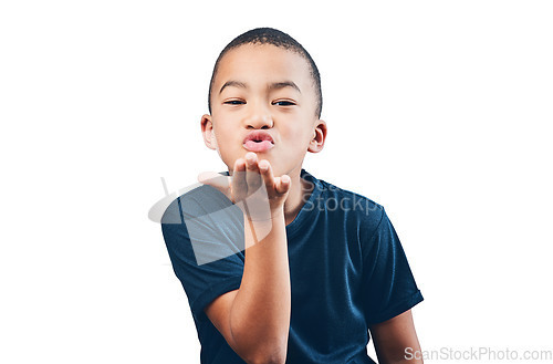 Image of Boy child, blowing air kiss and happy portrait for flirting, motivation or love. Inspiration, hand gesture and latino kid isolated on transparent, png background to pout lips for kindness or romance