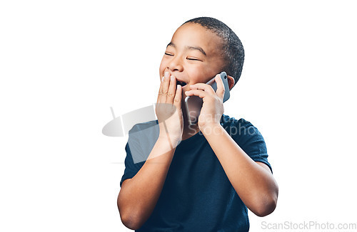 Image of Child, phone call and laughing or talking for communication with network connection. Smartphone, technology and latino kid isolated on a transparent, png background for funny conversation or chat