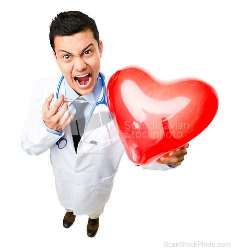 Image of Angry, syringe and portrait of doctor with heart on isolated, PNG and transparent background. Healthcare, medical and crazy man health worker with balloon for cardiology service, exam and injection