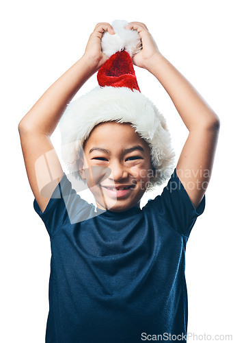 Image of Christmas hat, face and excited child with celebration and funny portrait isolated on transparent png background. Happy, play and asian kid or boy celebrate holiday, arms in air and take off costume