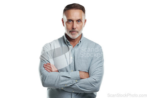 Image of Portrait of confident man with arms crossed and serious face isolated on transparent png background. Confidence, pride and mature businessman as proud and professional business owner as a CEO