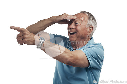 Image of Surprise elderly man, looking far and pointing after discover with smile or attention on isolated transparent png background. Senior person, happy and hand with wow, search and show logo for promo