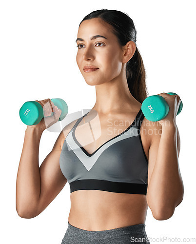 Image of Dumbbells, exercise and woman with fitness, serious and girl isolated against a transparent background. Female person, healthy and goals with gym equipment, training and body with wellness and png