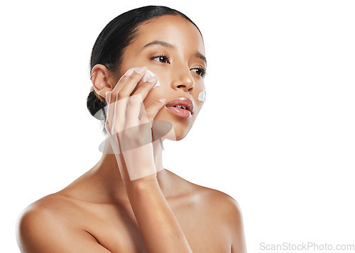 Image of Woman, face cream and relax for skincare beauty cosmetics isolated on a transparent PNG background. Calm female person applying skin product, lotion or creme in dermatology or facial treatment