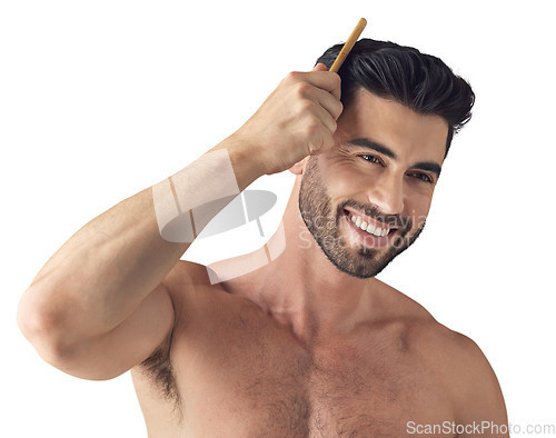 Image of Hair, care and face of happy man with comb isolated on transparent, png background. Barber, cosmetics and Arab person or aesthetic model with hairstyle growth, beauty and grooming or wellness results