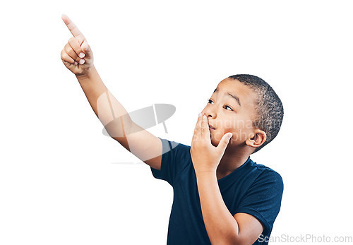 Image of Child, pointing finger and advertising or surprise, choice or attention. Inspiration, announcement and latino kid isolated on a transparent, png background with hand on mouth for wow promotion deal