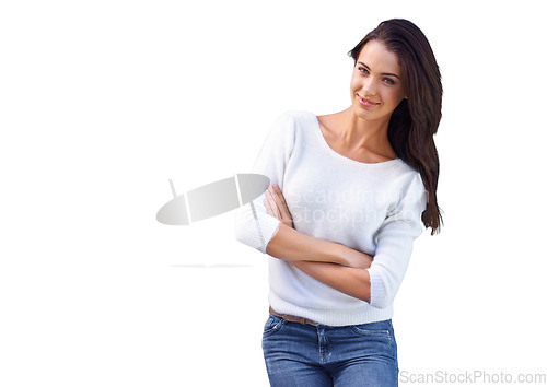 Image of Happy, young and portrait of a woman with arms crossed for professional career, pride or confidence. Smile, designer and a creative employee isolated on a transparent png background in Portugal