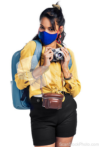 Image of Camera, photographer and woman with a mask, travel and portrait isolated on a transparent background. Female person, traveler and tourist in a pandemic for memory, tourism and photography in png