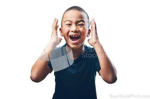 Image of Surprise, wow and an expression portrait of a child for good news, excited and happy. Smile, youth and face of a young boy kid with shock isolated on a transparent png background while playing