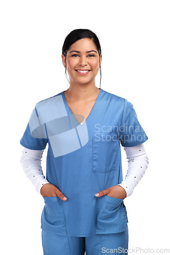 Image of Medical, professional and portrait of a happy female doctor, nurse or surgeon in scrubs. Confidence, smile and face of a young Mexican woman healthcare worker isolated by transparent png background