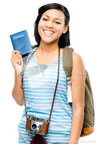 Image of Woman, travel and passport with portrait and photographer on holiday with a smile. Young female, ID document and happy isolated on transparent, png background traveling on vacation with photography