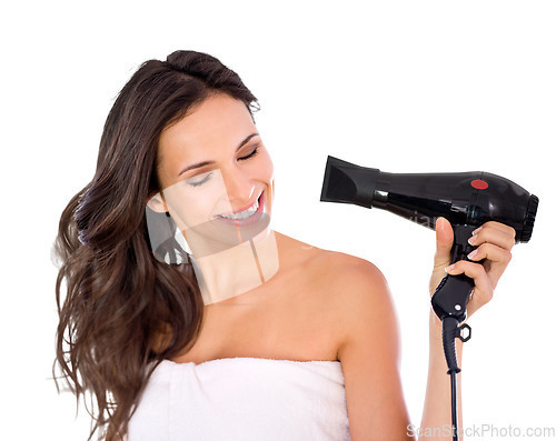 Image of Volume, beauty and woman with a hairdryer, hair treatment and grooming routine isolated on a transparent background. Female person, model and girl with blow dryer, style and smile with png or luxury