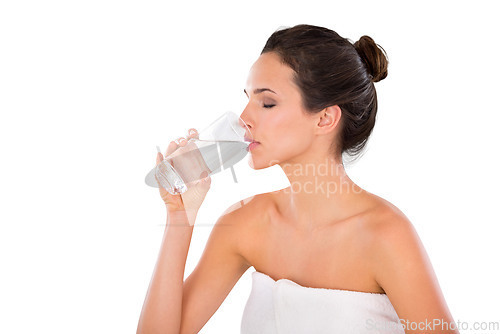 Image of Hydration, woman with glass drinking water and isolated against a transparent png background. Hydrate or healthcare, natural nutrition or detox and female person drink liquid for health wellness
