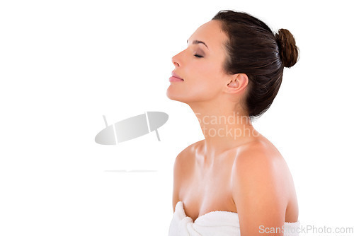 Image of Woman, beauty and face profile with dermatology and cosmetics and natural skincare isolated on transparent png background. Spa treatment, self care and facial, female model with healthy skin glow