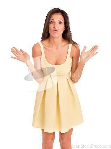 Image of Fashion, goofy and portrait of woman in a dress for elegant, stylish or classy outfit. Silly, confidence and young beautiful female model with formal style isolated by a transparent png background.