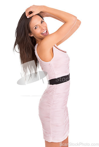 Image of Woman, happy and portrait with body or dress with confidence in png with isolated in transparent background. Happiness, beauty and fashion with stylish female with freedom and trendy clothes.