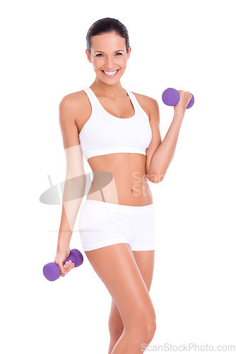 Image of Fitness, dumbbell and body portrait of woman with smile isolated on transparent png background, motivation and health. Sports, happy and confident girl, muscle training progress and exercise workout.