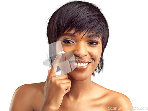 Image of Woman, natural beauty cream and smile portrait with care, wellness and dermatology of face. Facial, African female person and isolated on a transparent, png background with skin glow and lotion