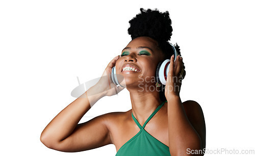 Image of Isolated African woman, headphones and excited with music, fashion or smile by transparent png background. Happy gen z girl, model and audio streaming with radio, podcast or sound with green makeup