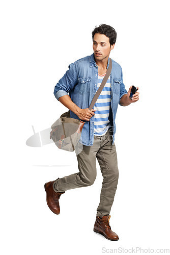 Image of Isolated student man, bag and rush for travel, transport and late for college by transparent png background. Young guy, walking fast and satchel for education, thinking and ideas with anxious face