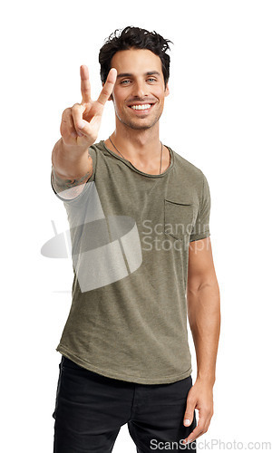 Image of Peace, cool and portrait of happy man with a number isolated on transparent png background. Smile, attitude and a person or fashion model showing an emoji hand or communication for v sign language