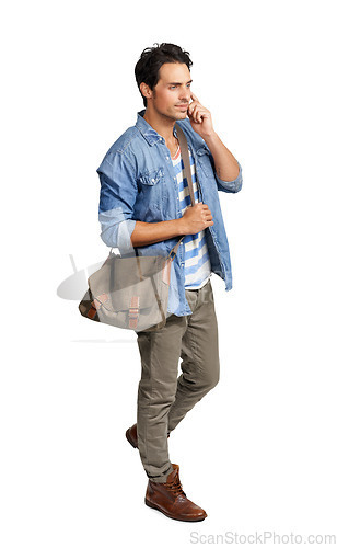 Image of Man, phone call and communication with conversation and contact isolated on png transparent background. Male person in casual clothes, walking and talking with chat on mobile, network and connection