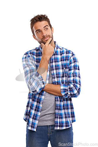Image of Thinking, memory and a man with a plan and emotion isolated on transparent png background. Serious, confused and a male creative designer with ideas, doubt and problem solving with expression