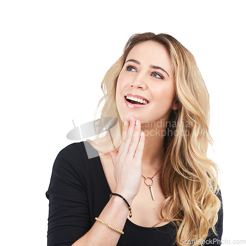 Image of Smile, thinking and face of happy woman isolated on transparent png background with planning, inspiration and ideas. Brainstorming, problem solving and insight, model with motivation and solution.