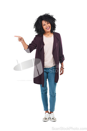 Image of Hand, pointing and portrait of happy woman on isolated, transparent or png background. Finger, decision and female person smile for gesture, sign or information, choice or announcement, promo or deal