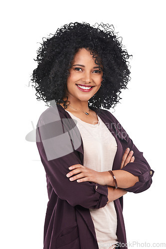 Image of Smile, confidence and portrait of woman isolated on transparent png background with arms crossed. Happiness, pride and face of confident, proud latino model with happy positive mindset and motivation