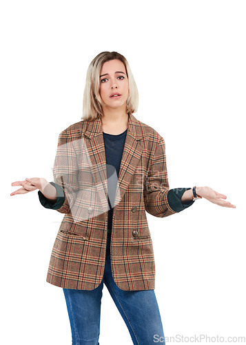 Image of Shrugging, doubt or portrait of woman confused by options isolated on transparent png background. Dont know, ask questions why or face of female person with hand gesture for decision, offer or choice