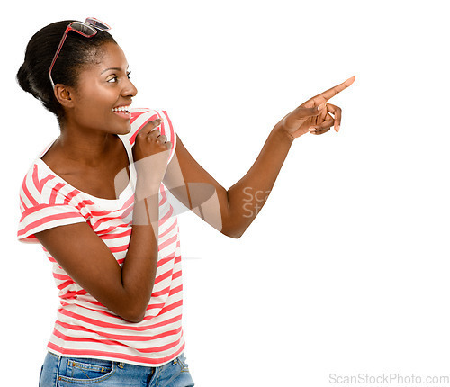 Image of Fashion, pointing and happy black woman for advertising on isolated, PNG and transparent background. Marketing, promotion and excited female person with hand gesture for selection, logo or choice