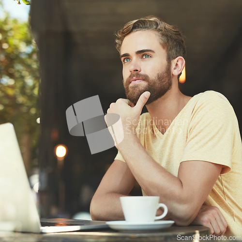 Image of Cafe laptop, man and thinking of project idea, problem solving solution or remote work and tea choice ideas. Coffee shop, focus and restaurant customer with person and thoughtful student in store