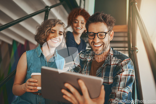 Image of Teamwork, collaboration or happy people with tablet or online report in meeting for analysis on steps. Smile, internet or group of employees in startup modern office on stairs for a digital project