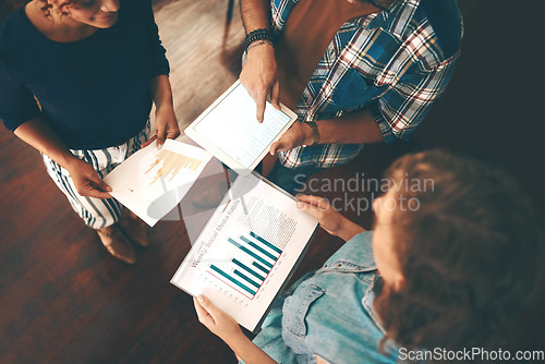 Image of Paperwork, graphs or hands of business people with tablet planning a project with charts or data research. Teamwork, finance documents or above financial accountants in meeting for a digital strategy