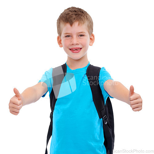 Image of Happy boy, portrait and thumbs up for winning in education, learning or success with backpack. Child showing thumb emoji, yes sign or like for back to school isolated on a transparent PNG background