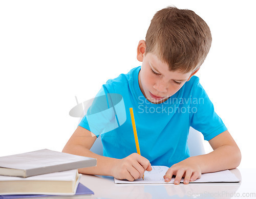 Image of Education, writing and notebook with boy on png for learning, knowledge and study. Homework, school and assessment with young student isolated on transparent background for child development