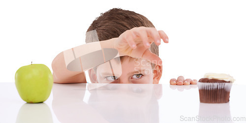 Image of Face, decision and child with apple and cupcake on isolated, png and transparent background. Childhood, healthy eating and young boy with food, cake and choice for dessert, fruit and luxury treats