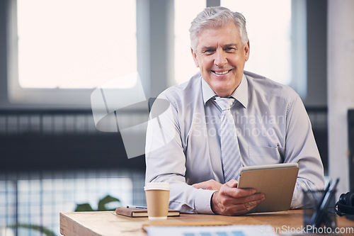 Image of Senior, business man and tablet in portrait with smile, analysis and planning at desk for schedule. Elderly businessman, fintech and mobile touchscreen for email, market strategy or contact on web